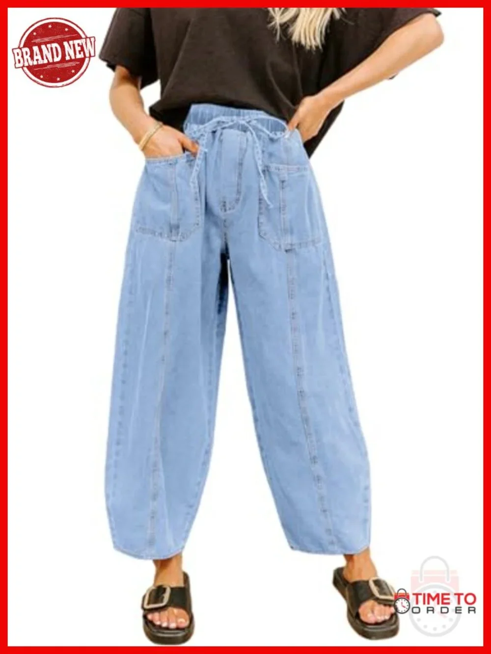 Baggy Wide Leg Jeans Elastic Waist Drawstring Front Seam Ankle High Waisted